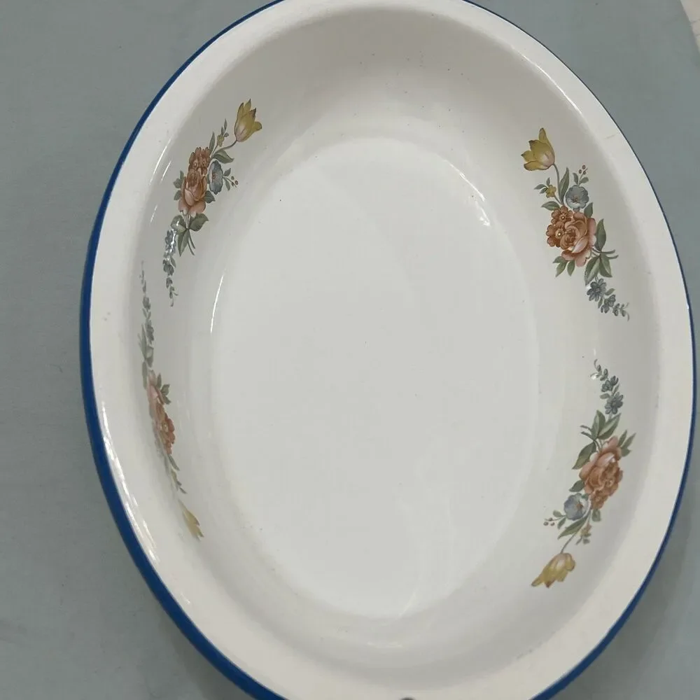 Vtg Enamelware Floral Print Rose Cinsa Brand Saltillo Mexico Oval Blue Trim